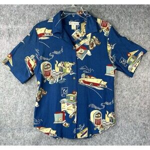 FL Malik Rayon Short Sleeve Button Up Hawaiian Shirt Sz L Classic Cars Records